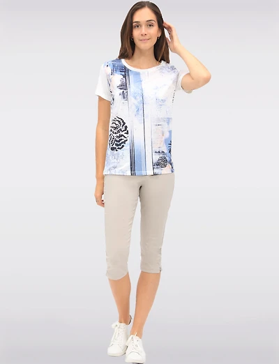 Chic Short Sleeve Top with Silver Foil Print and Floral Accents by Ness