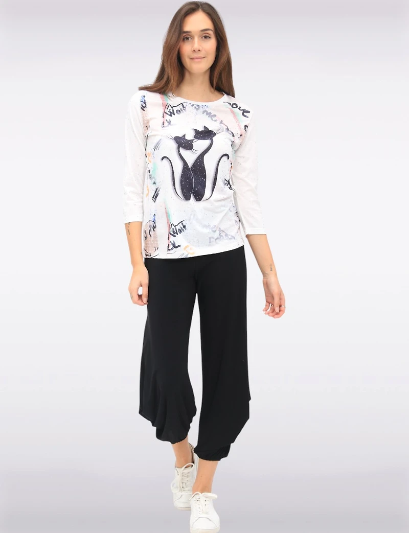 Captivating 3/4 Sleeve Abstract Cat Print Silver Detail Slim Fit Top by Ness