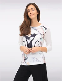 Captivating 3/4 Sleeve Abstract Cat Print Silver Detail Slim Fit Top by Ness