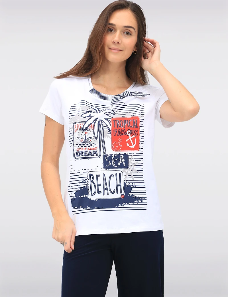Cotton Stretch Short Sleeve Top with Tropical Beach Print & Tie Detail by Orly