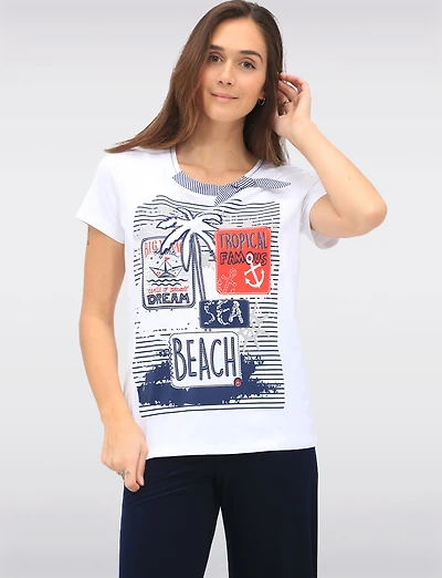 Cotton Stretch Short Sleeve Top with Tropical Beach Print & Tie Detail by Orly