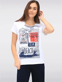 Cotton Stretch Short Sleeve Top with Tropical Beach Print & Tie Detail by Orly
