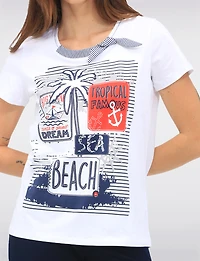 Cotton Stretch Short Sleeve Top with Tropical Beach Print & Tie Detail by Orly