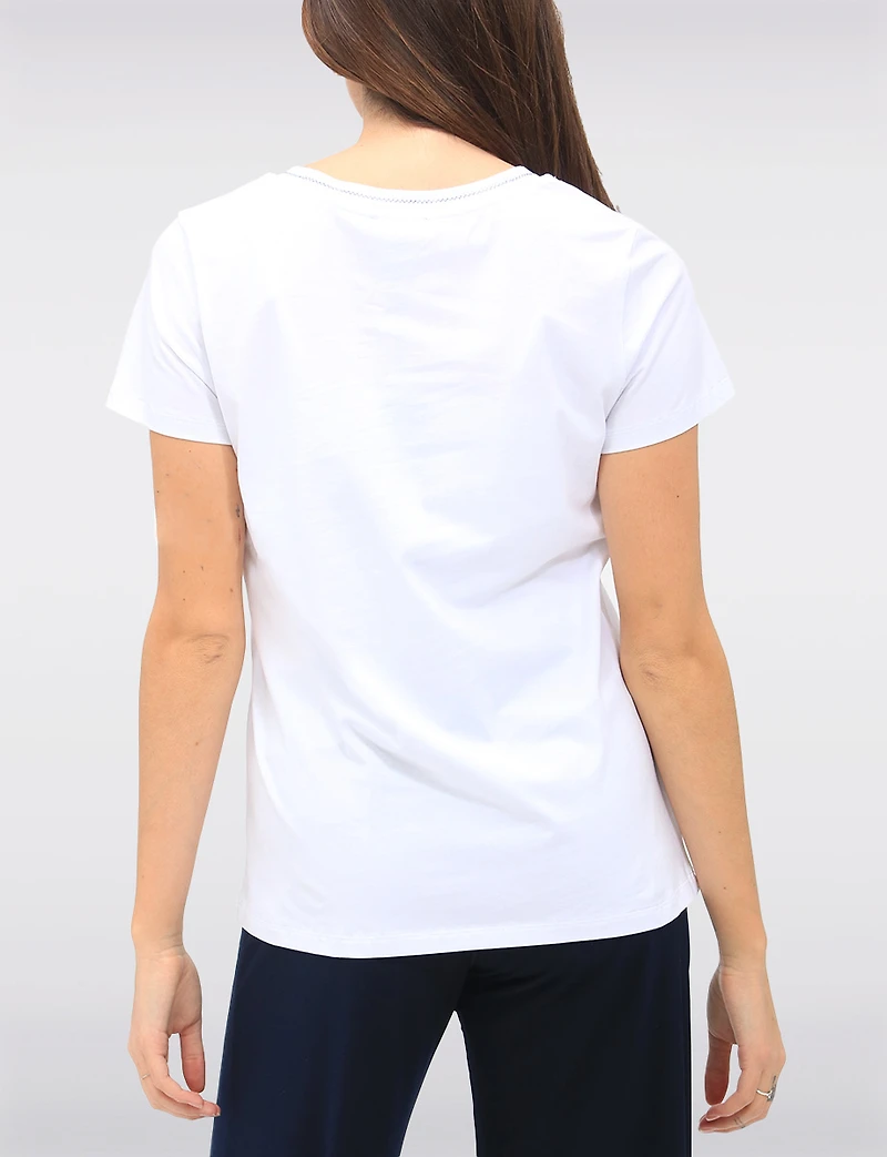 Cotton Stretch Short Sleeve Top with Tropical Beach Print & Tie Detail by Orly