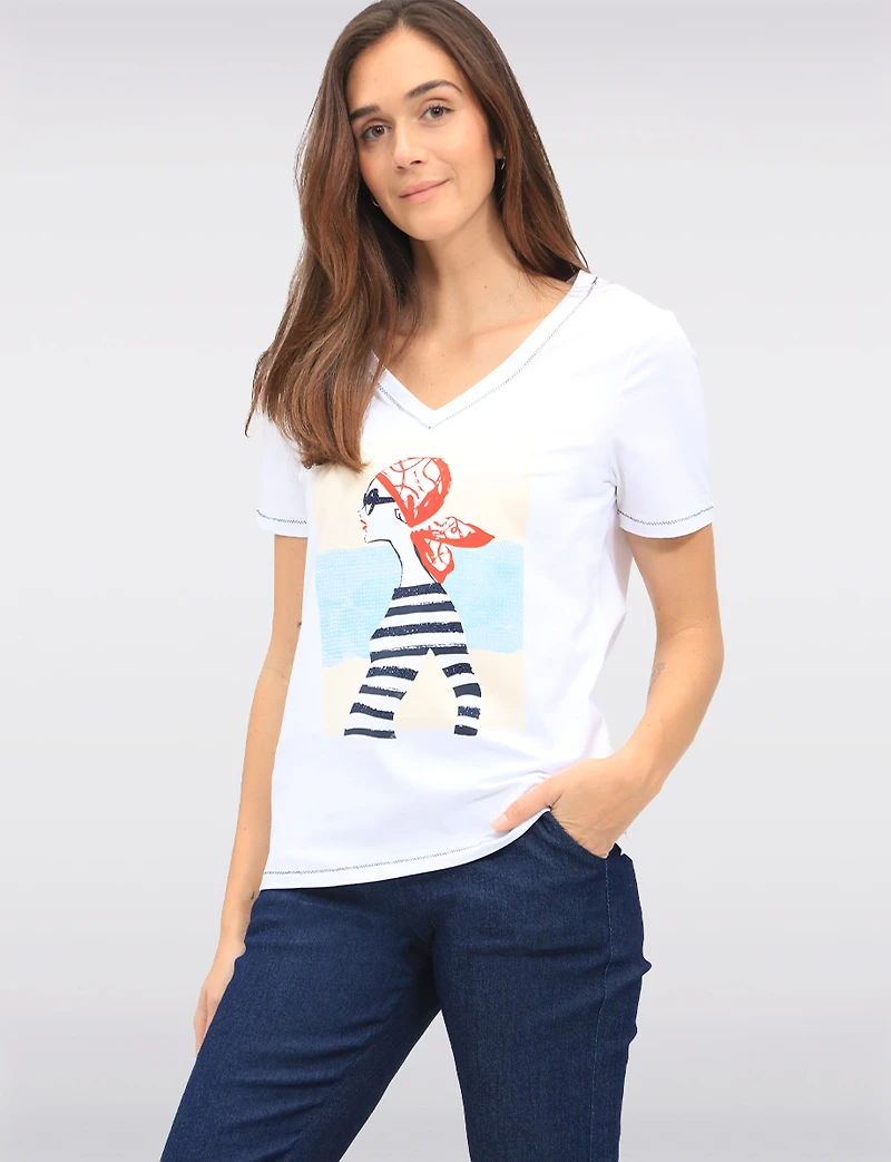 Bold Rhinestone Illustration Deep V-Neck Cotton Stretch Top by Orly