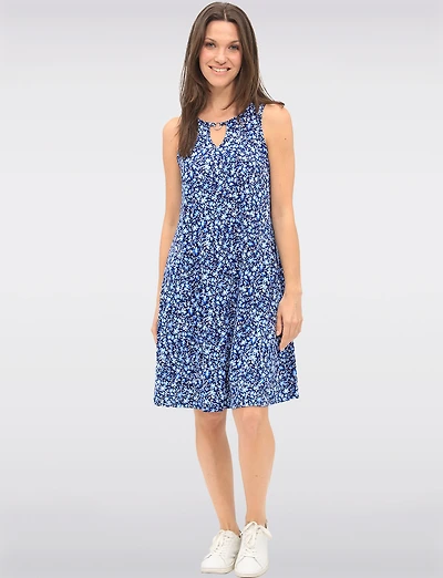 Sleeveless A-Line Mid-Length Dress with Floral Print and Keyhole Neckline by GWV