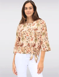 Floral Print Stretch Round Neck 3/4 Dolman Sleeves Top with Front Tie Hem by GWV