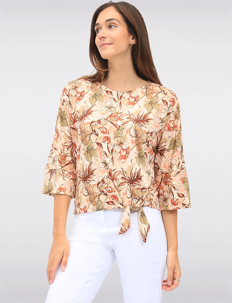Floral Print Stretch Round Neck 3/4 Dolman Sleeves Top with Front Tie Hem by GWV