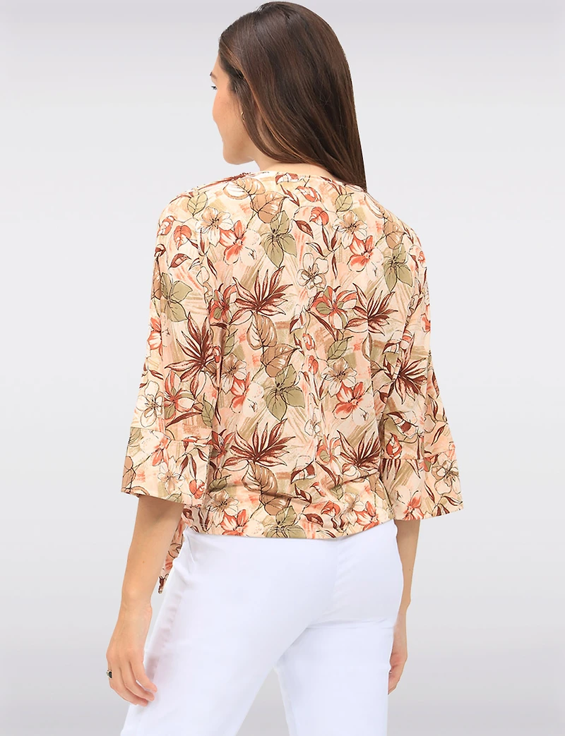 Floral Print Stretch Round Neck 3/4 Dolman Sleeves Top with Front Tie Hem by GWV