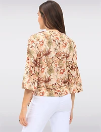 Floral Print Stretch Round Neck 3/4 Dolman Sleeves Top with Front Tie Hem by GWV