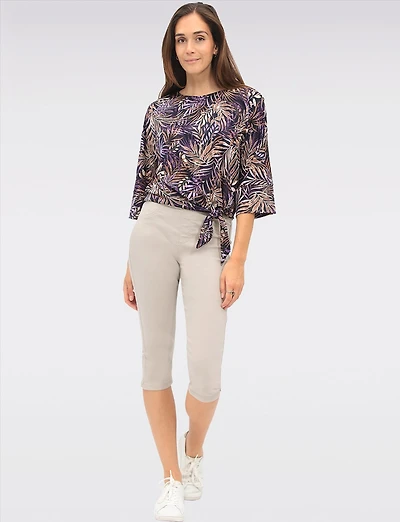 Tropical Leaf Print Stretch Round Neck 3/4 Sleeve Top with Front Tie Hem by GWV