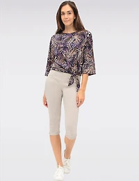 Tropical Leaf Print Stretch Round Neck 3/4 Sleeve Top with Front Tie Hem by GWV
