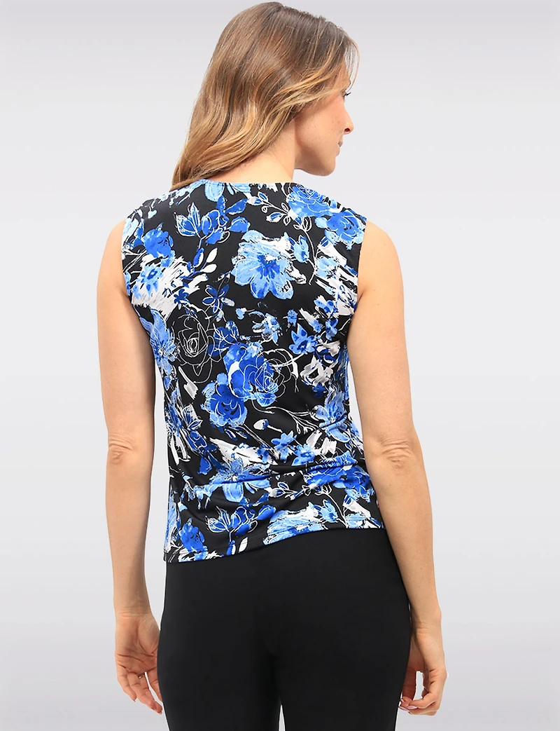 Stretchy Sleeveless V-Neck Floral Top with Gathers at the Shoulders by GWV