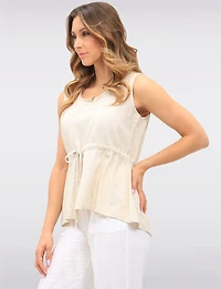 Flowy Sleeveless Linen Blend High-Low Top with Adjustable Drawstring by Goa
