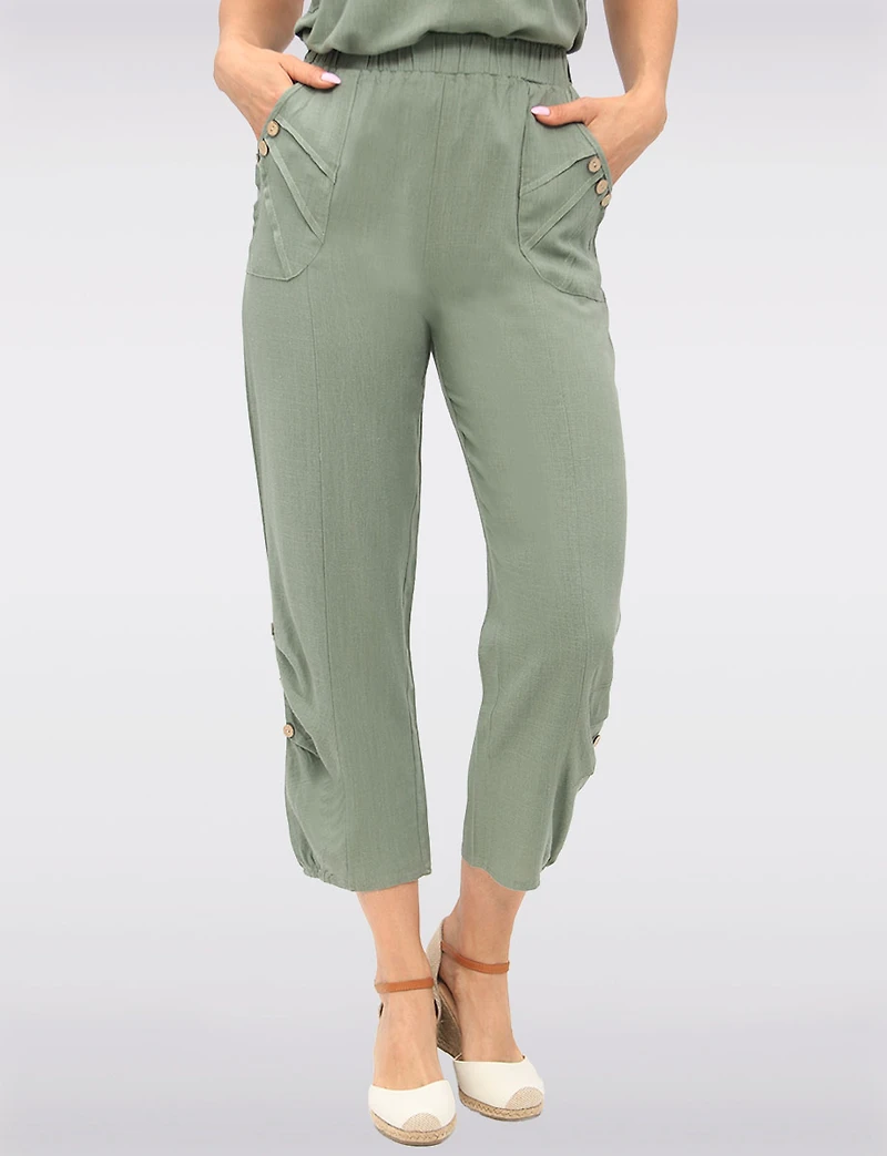 Flowy Pull-On Pants with Elastic Waistband & Decorative Button Accents by Goa