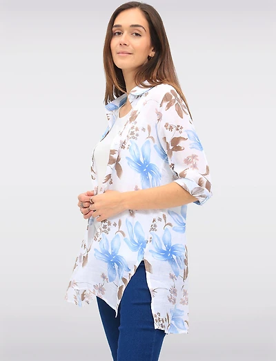 Sleek Floral Print Button-Down Blouse with 3/4 Sleeves & Side Slits by Goa
