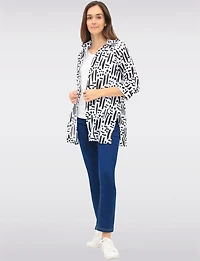 Black & White Button-Down Printed 3/4 Sleeve Blouse with Side Slits by Goa