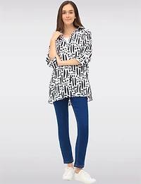 Black & White Button-Down Printed 3/4 Sleeve Blouse with Side Slits by Goa