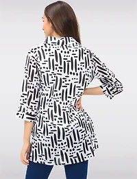 Black & White Button-Down Printed 3/4 Sleeve Blouse with Side Slits by Goa