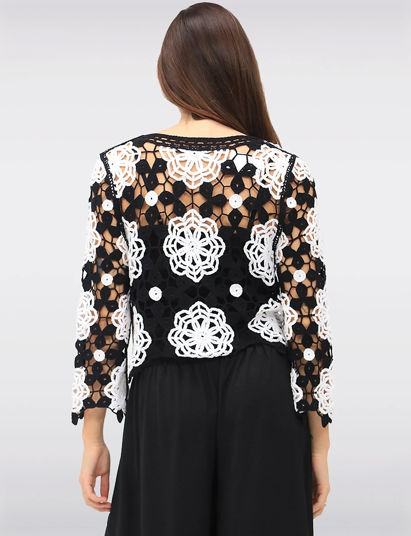 Delicate Black & White Floral Crochet Top With Long Sleeves by Gabby Isabella