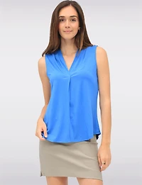 Solid Flowy V-Neck Sleeveless Top with Pleat Detail at the Front by Ninety