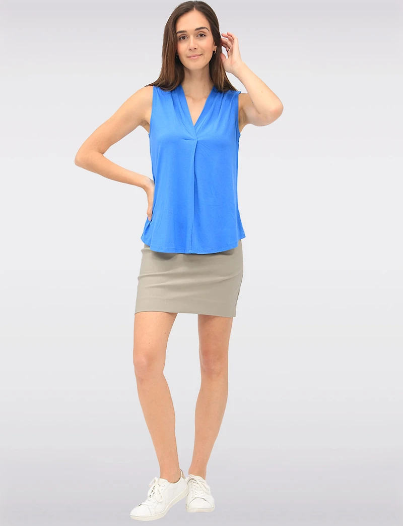 Solid Flowy V-Neck Sleeveless Top with Pleat Detail at the Front by Ninety