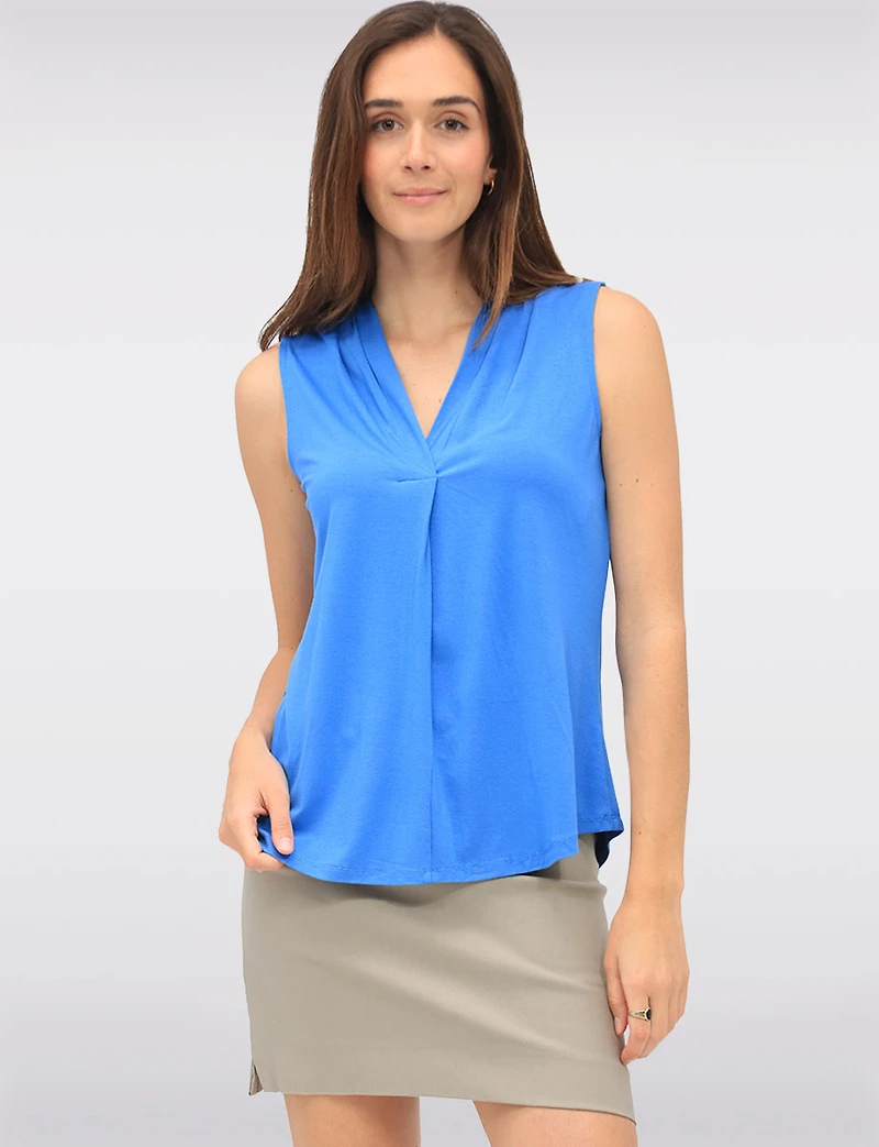 Solid Flowy V-Neck Sleeveless Top with Pleat Detail at the Front by Ninety