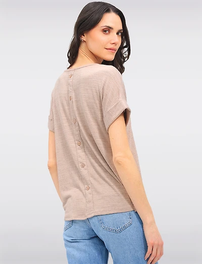 Textured Cuffed Short Sleeve Round Neck Top with Back Button Detail by Ninety