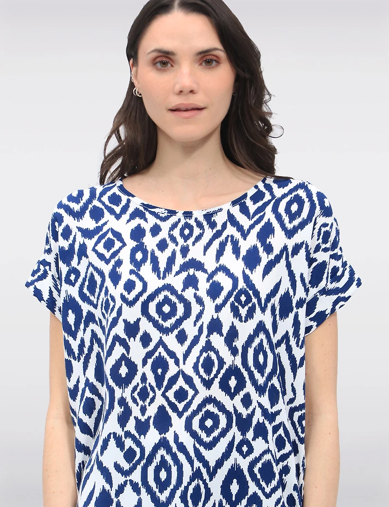 Flowy Abstract Printed Top With Cap Sleeves & Fold-Over Cuffs by Ninety