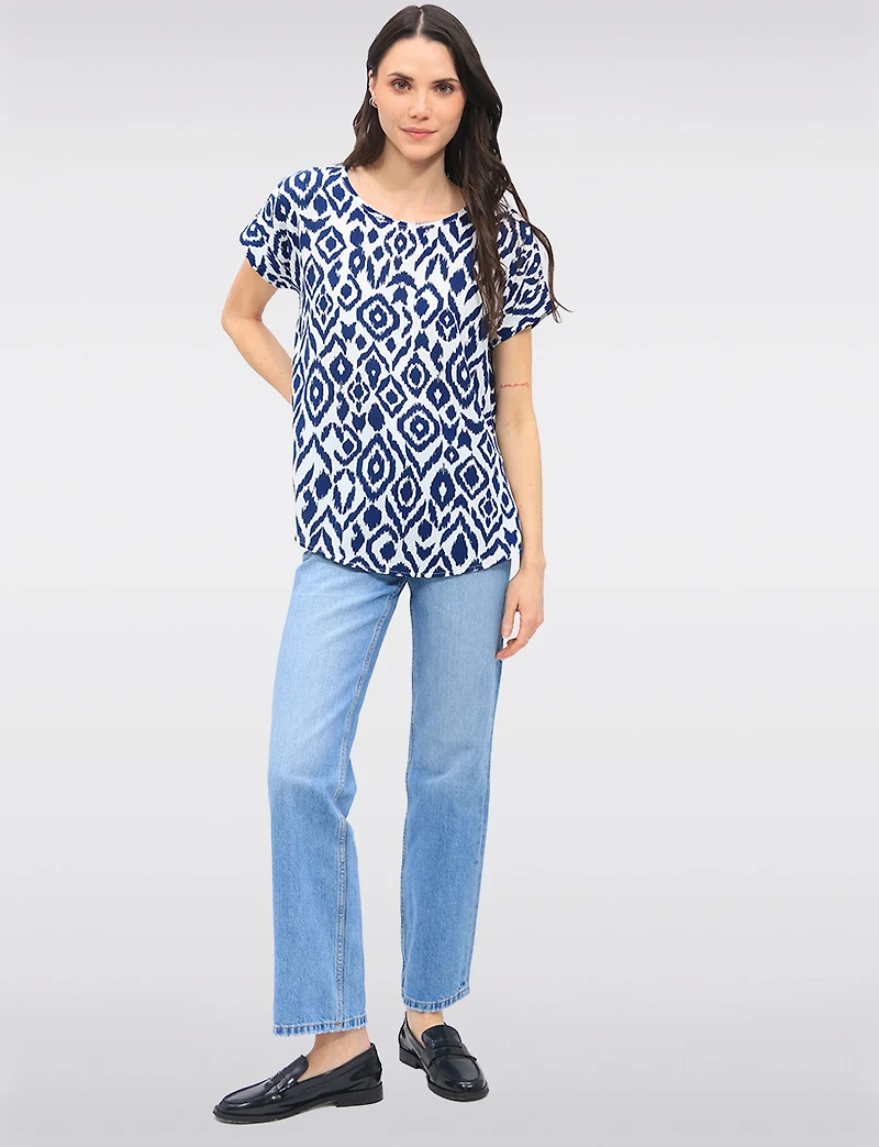 Flowy Abstract Printed Top With Cap Sleeves & Fold-Over Cuffs by Ninety