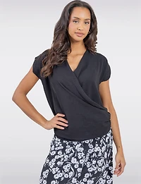 Flowy Open Crossover Sleeveless Top with Draped Front and Ruched Hem by Ninety