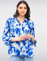 Pleated Button-Down Shirt Vibrant Print with Elegant Flared Sleeves by Ninety