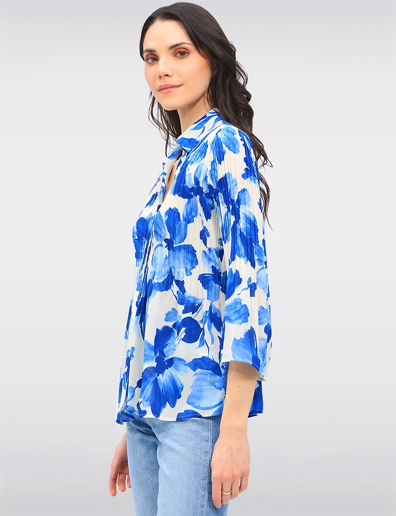 Pleated Button-Down Shirt Vibrant Print with Elegant Flared Sleeves by Ninety
