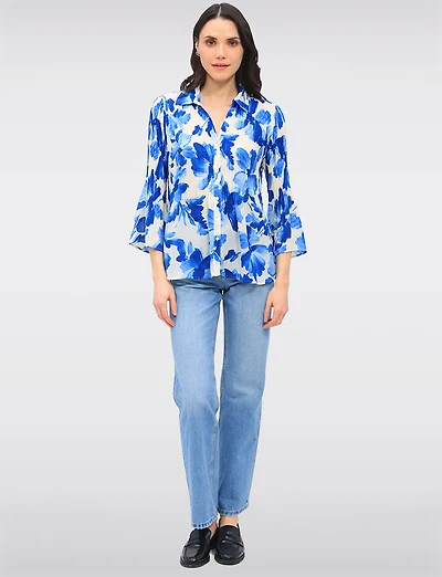 Pleated Button-Down Shirt Vibrant Print with Elegant Flared Sleeves by Ninety