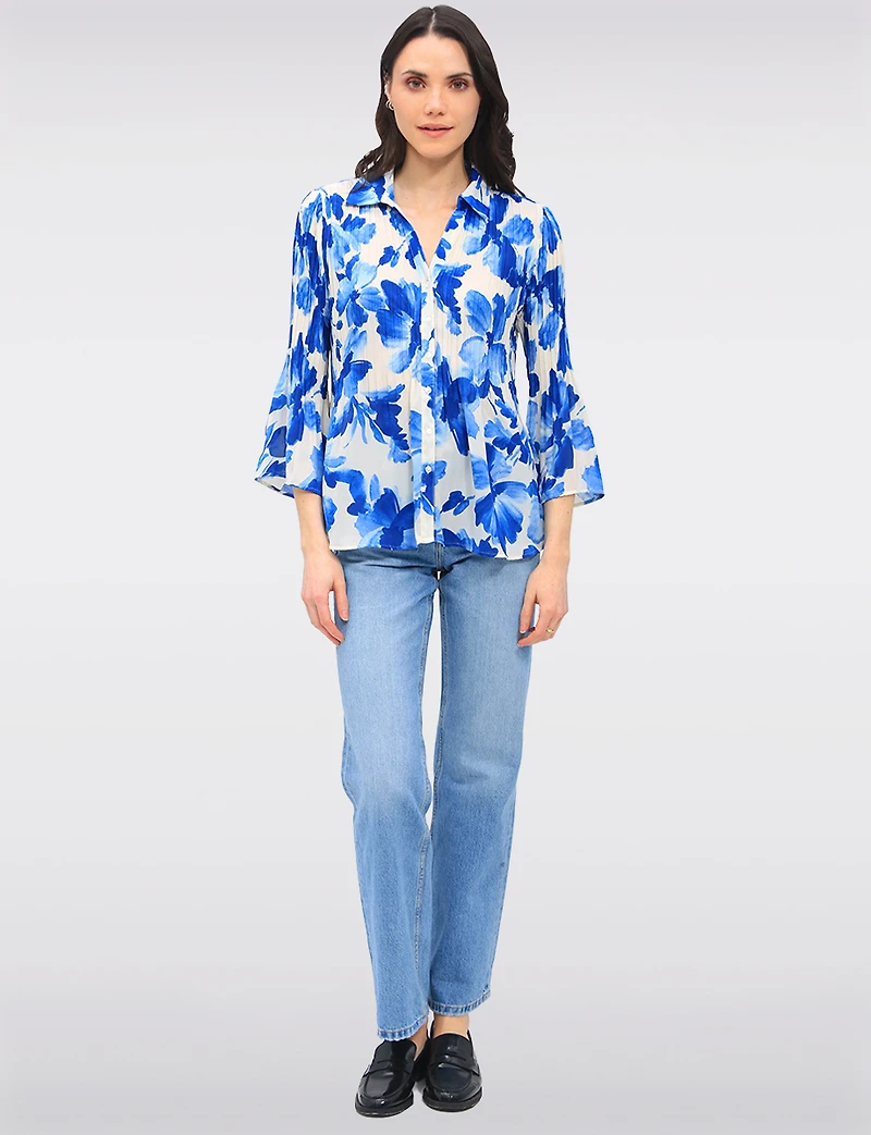 Pleated Button-Down Shirt Vibrant Print with Elegant Flared Sleeves by Ninety