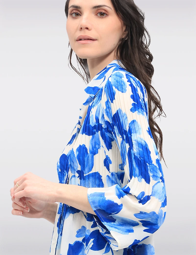 Pleated Button-Down Shirt Vibrant Print with Elegant Flared Sleeves by Ninety