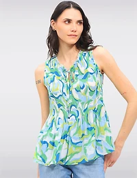 Vibrant Print Sleeveless Top With Pleated Flared Hem & Ruffled Collar by Ninety