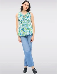 Vibrant Print Sleeveless Top With Pleated Flared Hem & Ruffled Collar by Ninety