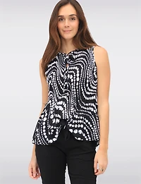 Abstract Print Sleeveless Top With Pleated Flared Hem & Ruffled Collar by Ninety