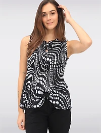Abstract Print Sleeveless Top With Pleated Flared Hem & Ruffled Collar by Ninety