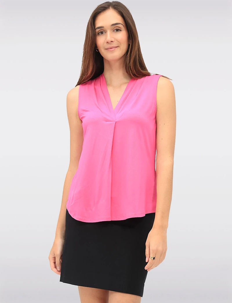 Solid Flowy V-Neck Sleeveless Top with Pleat Detail at the Front by Ninety