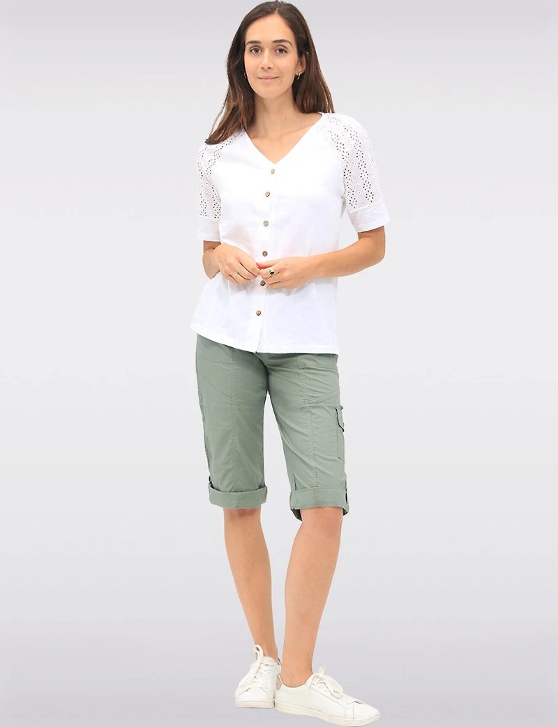 Suzanne Stretchy Cargo Capris With Button for Adjustable Length by Dash Clothing