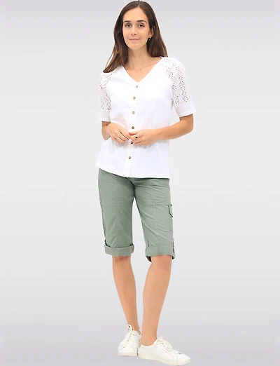 Suzanne Stretchy Cargo Capris With Button for Adjustable Length by Dash Clothing