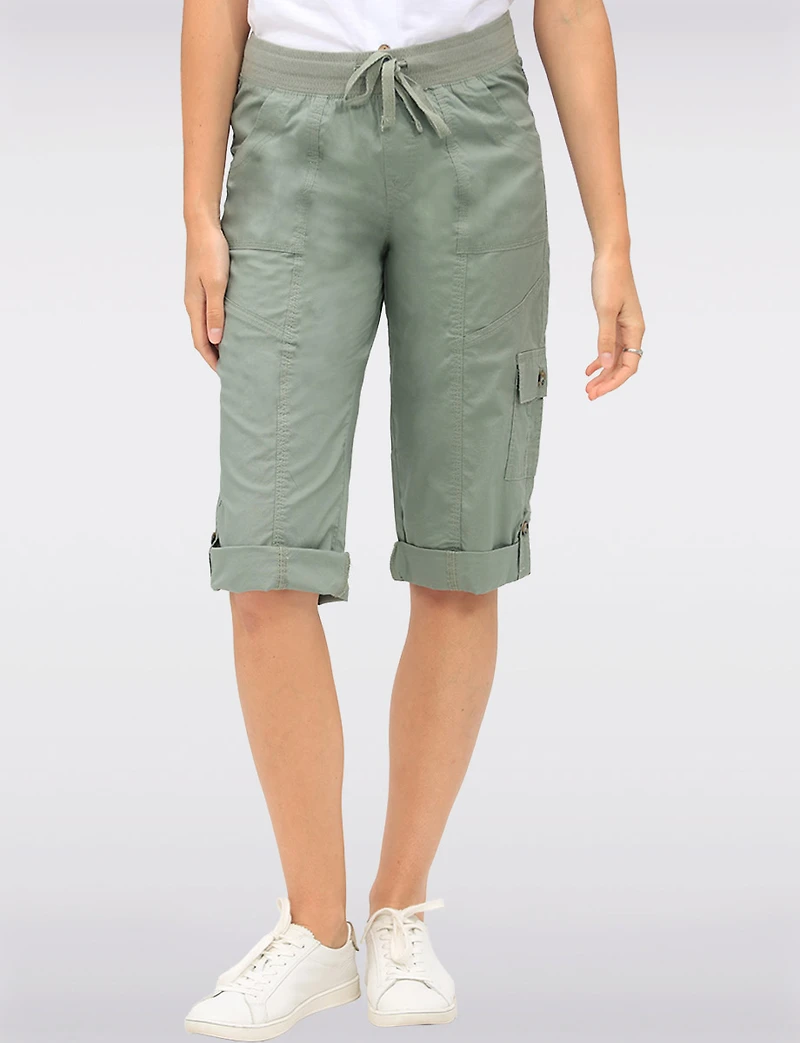 Suzanne Stretchy Cargo Capris With Button for Adjustable Length by Dash Clothing