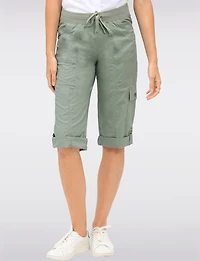 Suzanne Stretchy Cargo Capris With Button for Adjustable Length by Dash Clothing