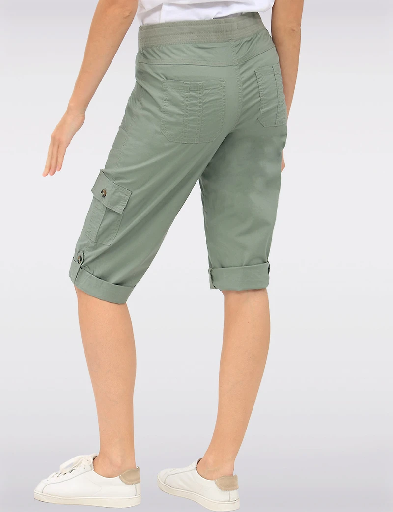 Suzanne Stretchy Cargo Capris With Button for Adjustable Length by Dash Clothing