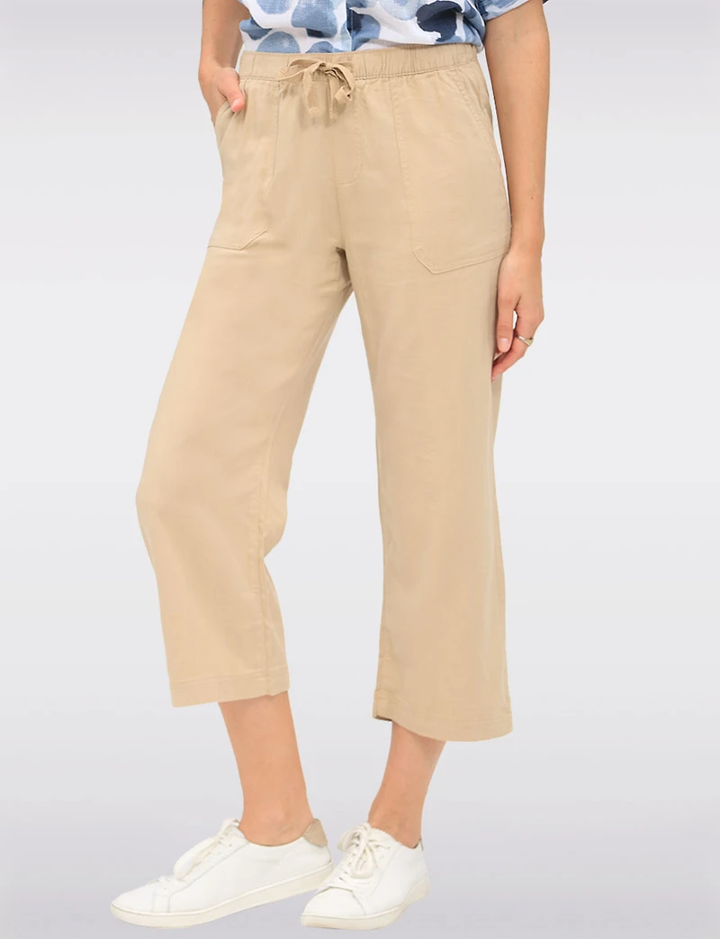 Pull-on Drawstring Waist Cotton Blend Wide Leg Capris With Pockets By Dash