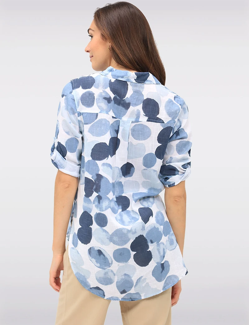 Textured Printed Button-Front Shirt with Three-Quarter Sleeve by Dash Clothing