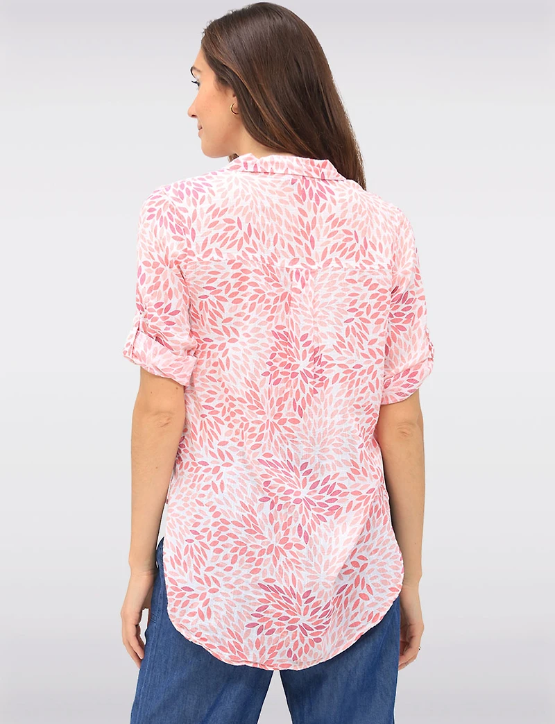 Textured Printed Button-Front Shirt with Three-Quarter Sleeve by Dash Clothing