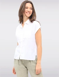 Cotton Button-Up Blouse with Shirt Collar Cuffed Sleeves & Chest Pocket by Dash